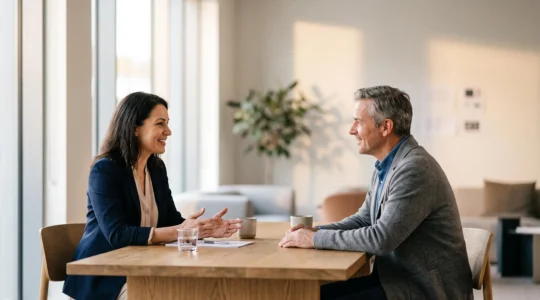 Deux professionnels échangent dans un bureau lumineux, incarnant la confiance et la persuasion psychologique en négociation B2B