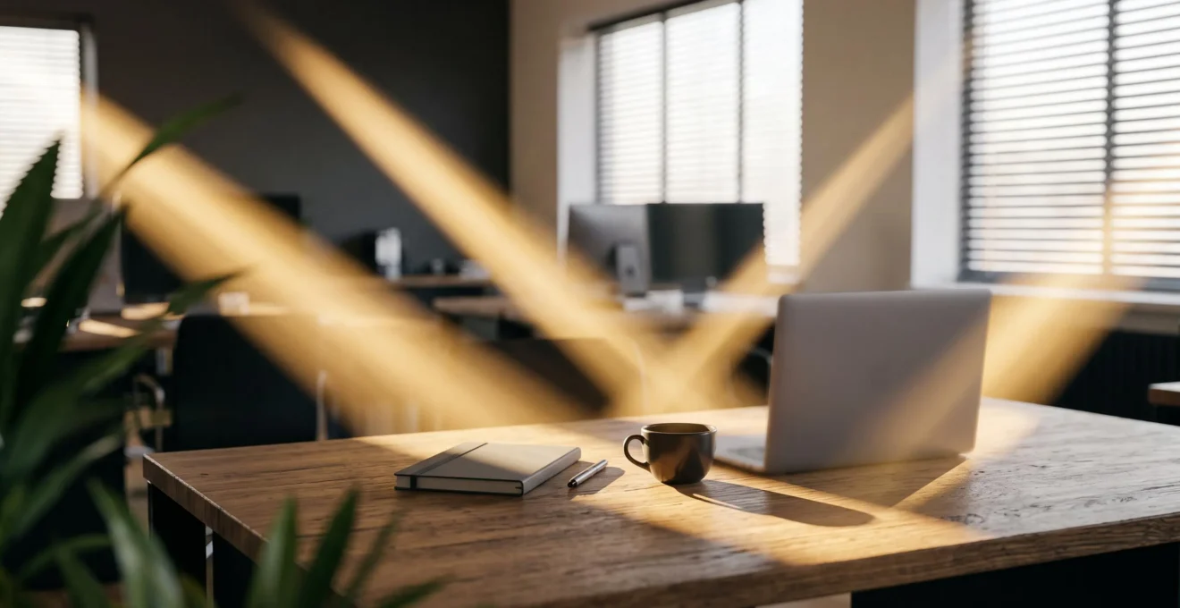 Vue symbolique d'un bureau de rédaction moderne où quatre faisceaux de lumière dorée convergent vers un point central, représentant la diversification des revenus d'un média