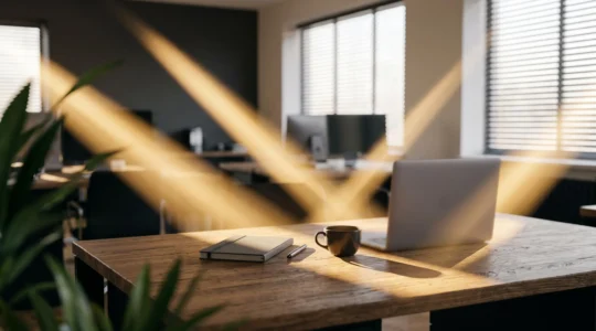 Vue symbolique d'un bureau de rédaction moderne où quatre faisceaux de lumière dorée convergent vers un point central, représentant la diversification des revenus d'un média