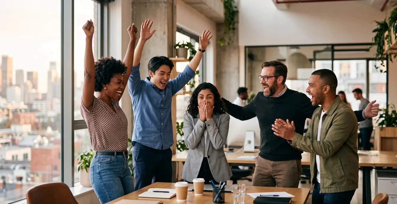 Groupe de professionnels exprimant une joie intense et spontanee en decouvrant le succes viral inattendu de leur campagne