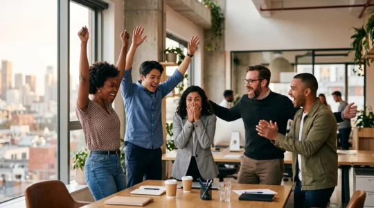 Groupe de professionnels exprimant une joie intense et spontanee en decouvrant le succes viral inattendu de leur campagne