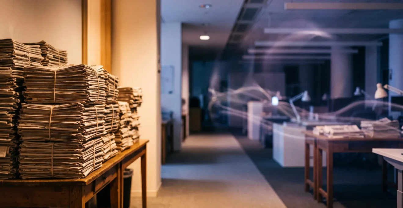 Une salle de rédaction ancienne où une lumière numérique bleutée traverse des piles de journaux imprimés, symbolisant la transition entre tradition et innovation