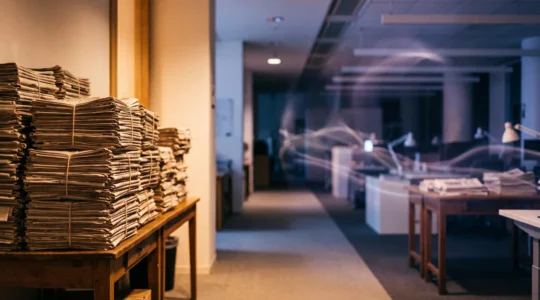 Une salle de rédaction ancienne où une lumière numérique bleutée traverse des piles de journaux imprimés, symbolisant la transition entre tradition et innovation