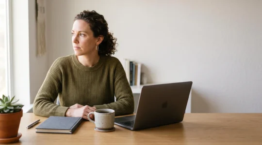 Une personne travaille avec concentration sur son ordinateur portable dans un bureau lumineux, symbolisant la construction d'un revenu complémentaire grâce au blogging.
