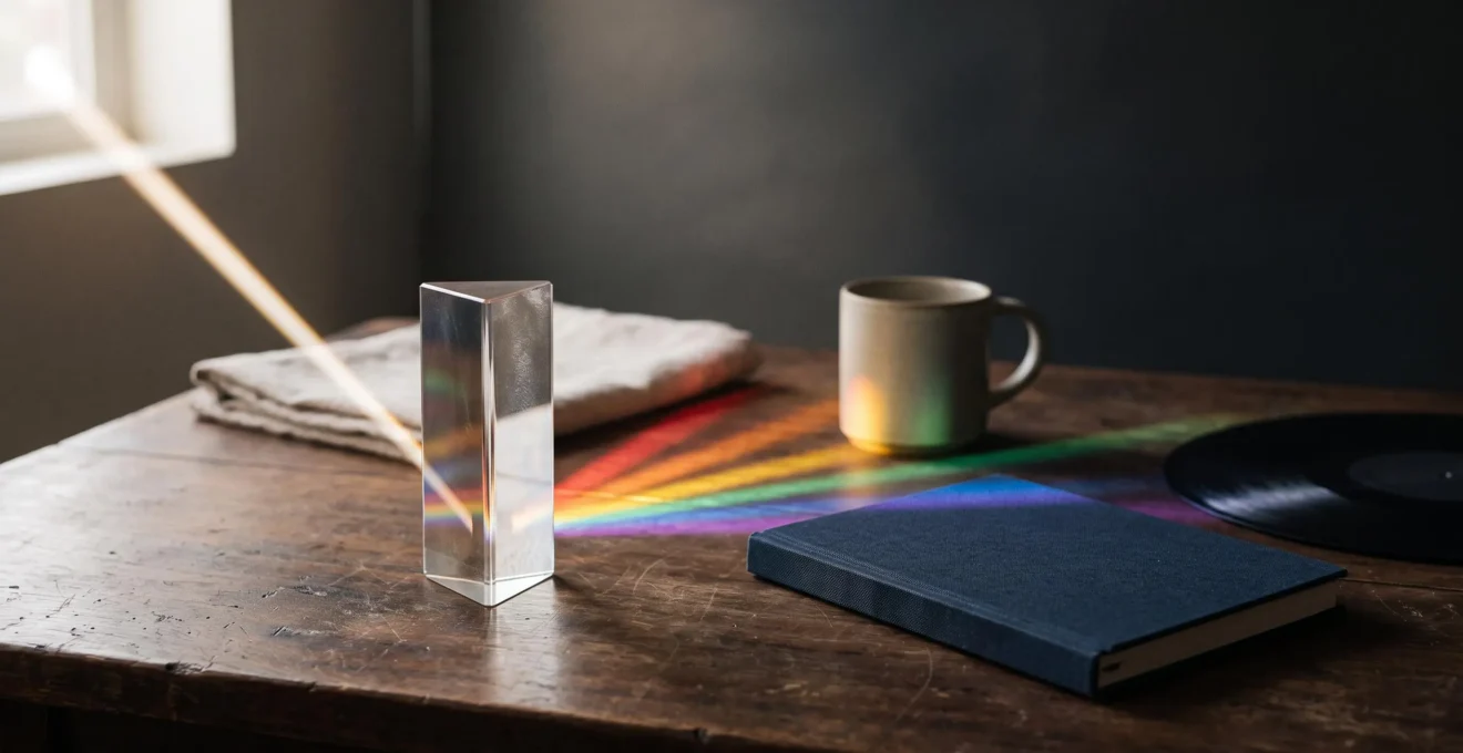 Une seule source lumineuse se refractant en plusieurs faisceaux colores et coherents, symbolisant un message central decline sur plusieurs medias sans perdre sa coherence