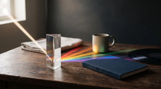 Une seule source lumineuse se refractant en plusieurs faisceaux colores et coherents, symbolisant un message central decline sur plusieurs medias sans perdre sa coherence