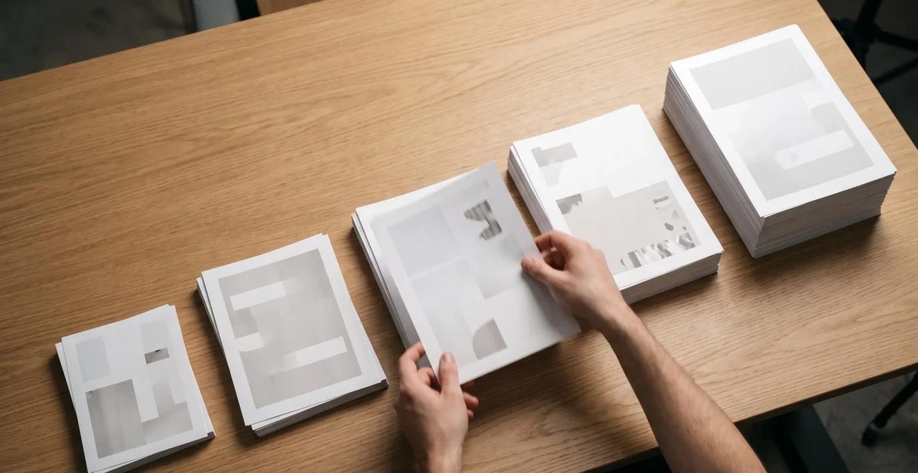 Mains assemblant plusieurs piles de documents sur une chaîne de production éditoriale, symbolisant la multiplication de la production de contenu