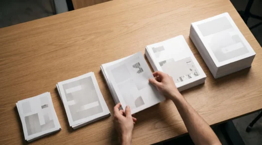 Mains assemblant plusieurs piles de documents sur une chaîne de production éditoriale, symbolisant la multiplication de la production de contenu