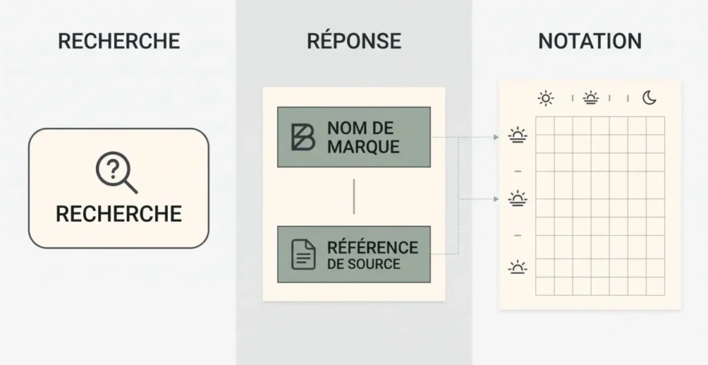 Schéma conceptuel distinguant une question, une mention de marque, une citation de page et la vérification de leur contexte.
